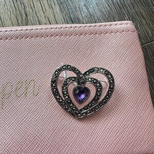 Vintage Double Heart Brooch with Purple Gemstone & Marcasite Accents